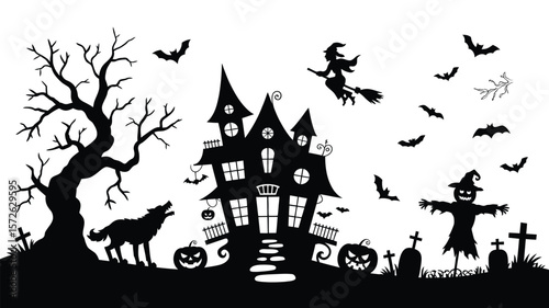 Silhouette Halloween Elements Vector Pack – Haunted House, Flying Witch, Pumpkin Faces, Black Cats, Ghosts, and Bats for Scary Night Design and Holiday Graphic Illustration

