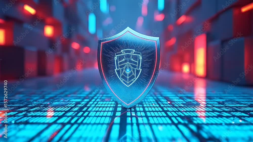 Metallic shield emblazoned matrix like patterns glides through neon cube landscape surface reflecting cyan grids while subtle code streams scroll underneath seamless video k loop communicates