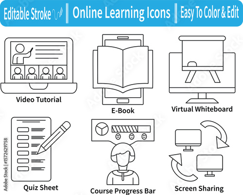 Online education icon set. Includes line icons for quiz, e-book, course progress, screen sharing, whiteboard, and video tutorial. Clean, editable stroke design.