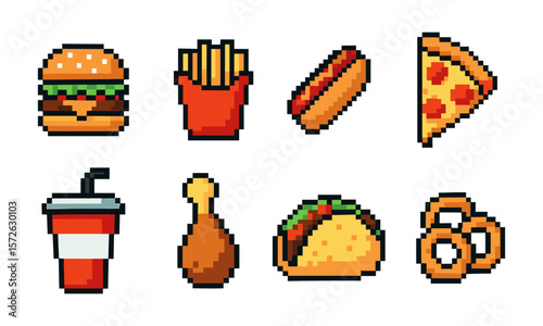 Set of pixel style fast food icons featuring a hamburger, french fries, hot dog, pizza slice, soft drink, chicken drumstick, taco, and onion rings. Retro style illustrations perfect for games