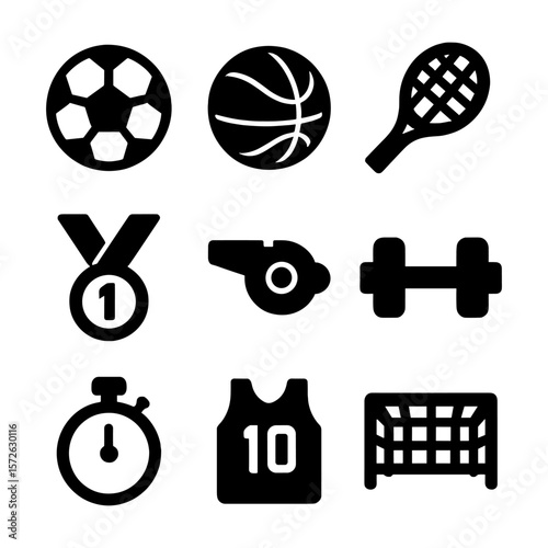 Bold black icons representing various sports and fitness elements. Includes football, basketball, tennis, medal, whistle, dumbbell, stopwatch, jersey, and goal net.
