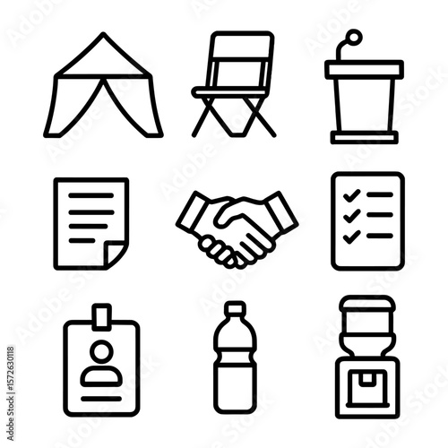 Black outline icon set related to event planning and organization including tent, chair, podium, handshake, ID badge, checklist, and water bottle. Modern style suitable for corporate or public events.