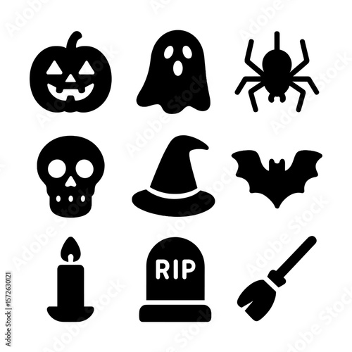 Bold black Halloween icon set featuring pumpkin, ghost, spider, bat, skull, witch hat and grave symbols in solid flat style