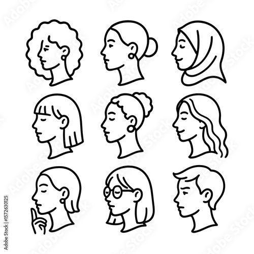 Elegant outline icon set featuring diverse female profiles with different hairstyles and accessories in minimalistic linear style.