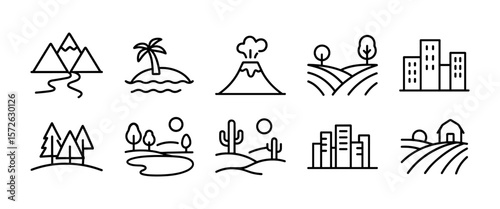 Linear style landscape icon pack including mountain, volcano, forest, island, desert and cityscape elements. Clean black outlines.