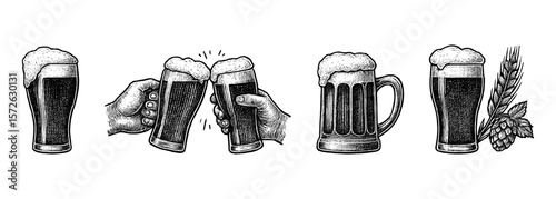 Vintage hand drawn beer collection featuring beer mugs, clinking glasses, hops and barley in engraving style. Perfect for pub and Oktoberfest themes.