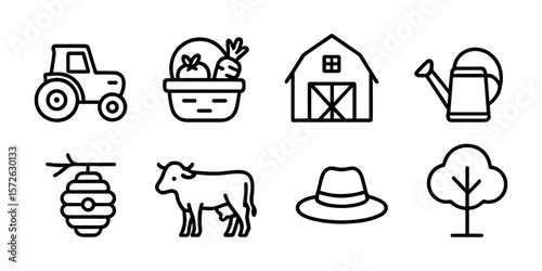 Farm and agriculture icon set in clean line style with tractor, barn, watering can, cow, vegetables, tree and beehive elements.