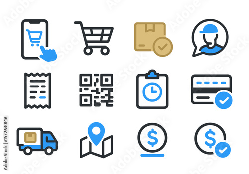 Icon set for online shopping, delivery, and e-commerce including cart, package, customer support, map tracking, QR code, and credit card. Flat clean style for websites and mobile apps.