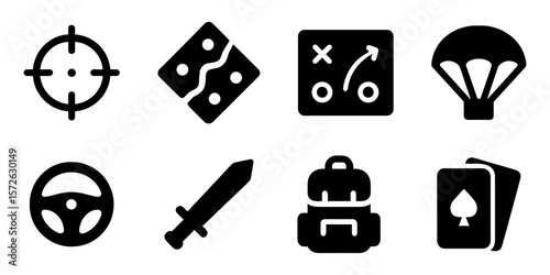 Flat vector gaming icons representing various genres and mechanics such as FPS, racing, adventure, strategy, and gambling. Great for game design, UI, or streaming overlays.