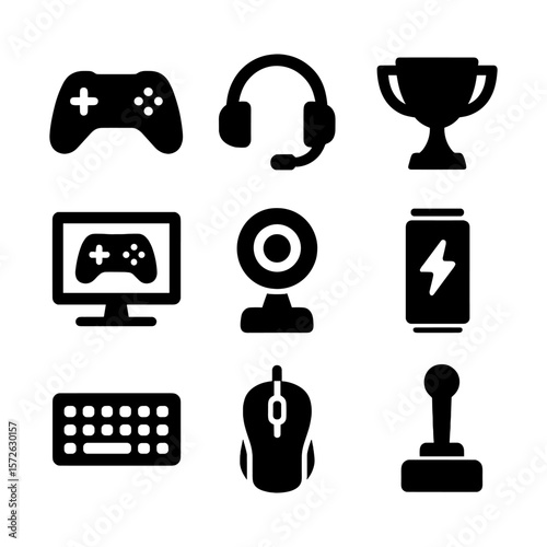 Modern black gaming icons set including controller, keyboard, headset, webcam, trophy and joystick. Designed for gamer and e-sports themes.