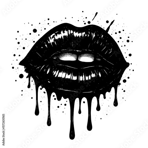 Vector illustration of glossy black lips dripping with paint in grunge pop art style. Bold and expressive design with ink splatters on white background.