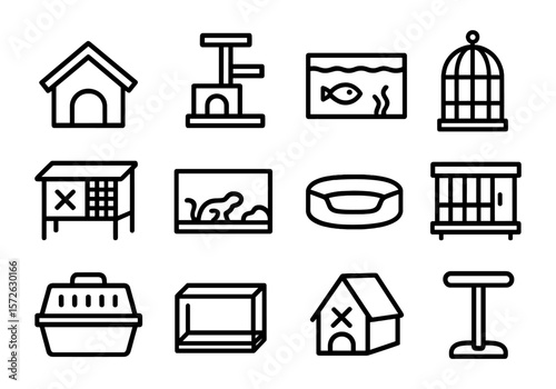 Collection of black line icons showing different types of pet housing and enclosures including doghouse, cat tree, aquarium, birdcage, hutch, terrarium, pet bed, and travel carrier