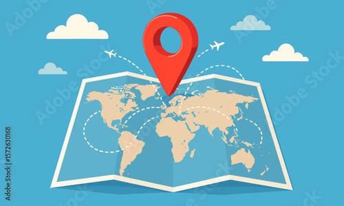Flat design world map with red map pin and airplanes flying around the globe. Ideal for topics related to navigation, travel, logistics, or worldwide delivery services.