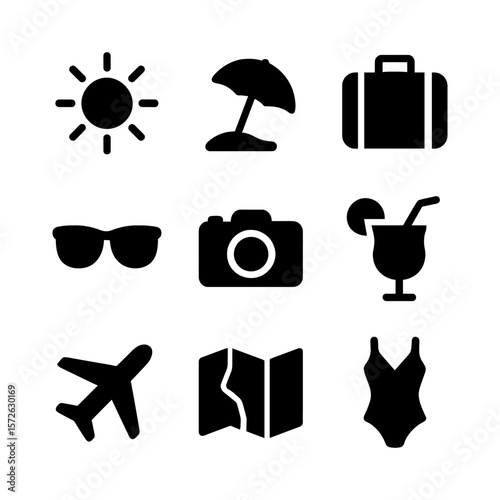 Summer vacation icons in solid black style showing sun, airplane, luggage, camera, swimsuit, cocktail and map. Perfect for tourism and holiday designs.