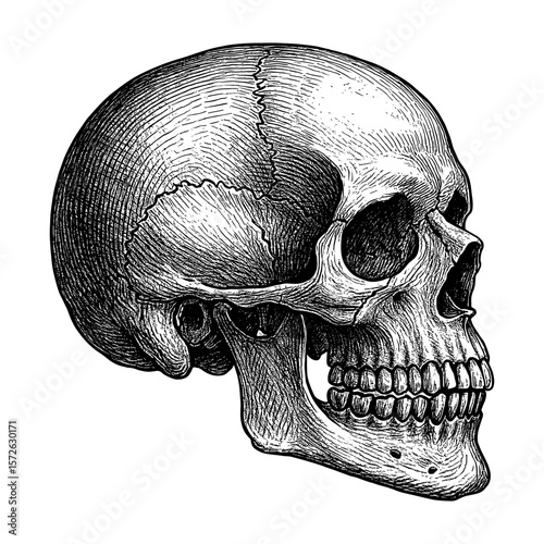 Human skull in profile view. Hand drawn anatomical illustration in black and white style.