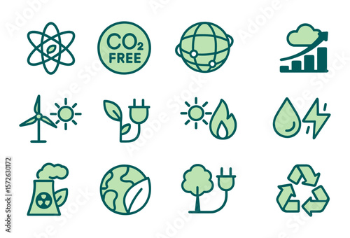 Set of green energy and sustainability icons in modern flat style. Includes symbols for solar, wind, water, recycling, electric power, and environment.