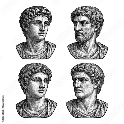 Hand drawn vector illustration of ancient Roman male busts in engraving style. Classical sculpture heads of men with curly hair and togas isolated on white background.