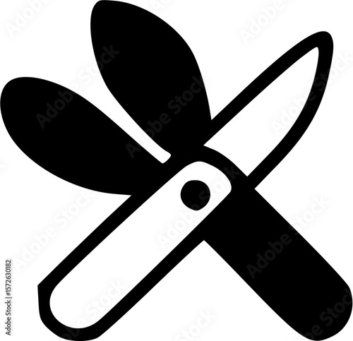 Black and White Pruning Shears Icon: Gardening Tool, Sharp Blades, Open Position