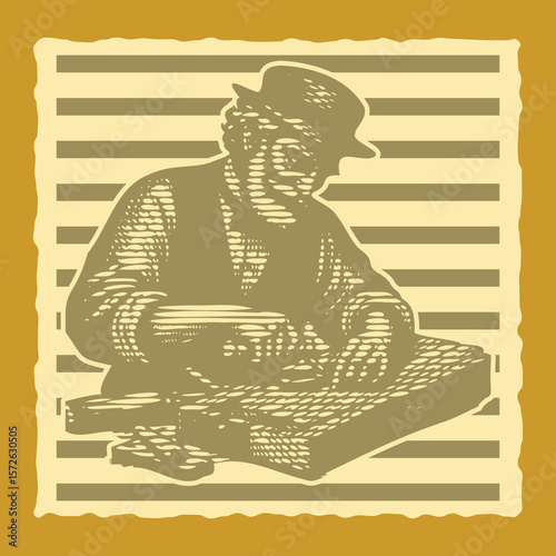  Lined effect vibrant color postal stamp vector of an old carpenter carving wood detailed craftsmanship traditional woodworking vintage artisan hand tool creative illustration