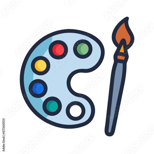 Illustration of a blue artist's palette with colors and brush for creative art activities