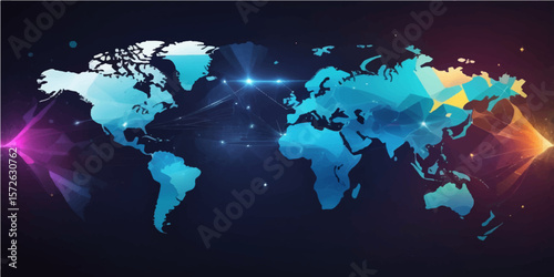 Global Network Connections: A vibrant visual representation of interconnectedness, displaying a detailed world map with radiant light trails, symbolizing global reach and communication.