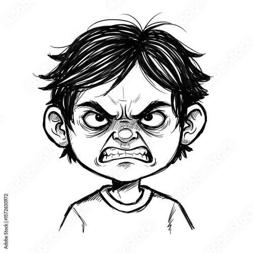 Angry young boy with messy hair showing rage on white background
