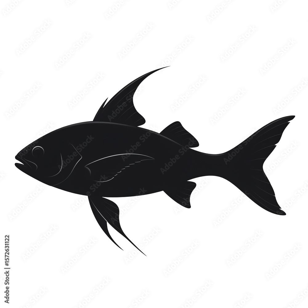 Fototapeta premium Abstract Black Fish Silhouette with Sharp Fins and Subtle Highlights, Isolated on a Pure png Background for Minimalist Aquatic Designs.