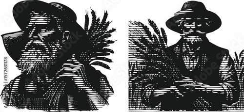  Heavy lined effect black vector bundle featuring an old farmer wearing a hat holding wheat stalks with sun background rural agriculture farming harvest countryside illustration design