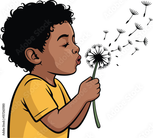 A child blowing dandelion seeds into the wind, an illustration depicting the magic of childhood Vector transparent png.