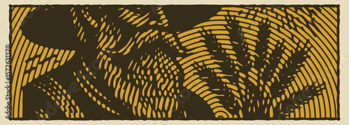  Heavy lined effect hand-drawn banner design of an old farmer wearing a hat holding wheat stalks with bright sun background vector illustration rural agriculture harvest countryside
