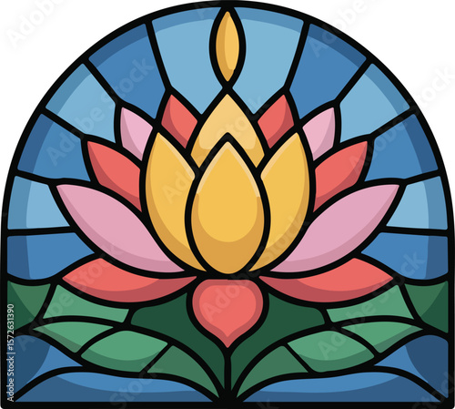 A vibrant stained-glass window featuring a lotus flower in full bloom Vector transparent png.