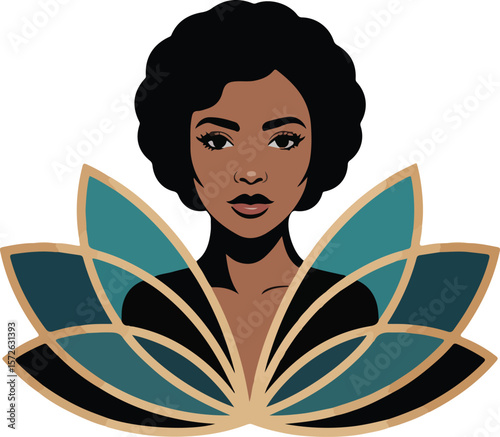 Beautiful Black woman with an afro hairstyle framed by a stylized lotus flower. Vector transparent png.