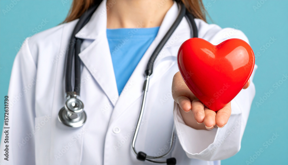 Fototapeta premium Un doctor mujer con bata blanca y estetoscopio con un corazón rojo en la mano en concepto de medicina general o seguro medico y atención sanitaria en el dia mundial del corazon