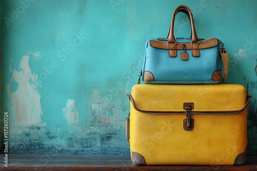 Teal Wall Background with Stacked Yellow and Blue Bags