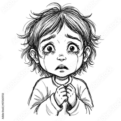 Scared child with messy hair showing fear on white background
