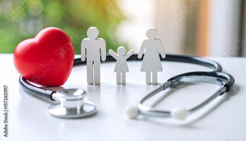 Una familia de papel blanco junto a un estetoscopio y un corazón rojo sobre una mesa en concepto de medicina general o seguro medico y atención sanitaria en el dia mundial del corazon