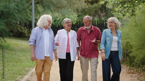 Group of four active healthy senior friends walking and having good times in public park, embracing and talking