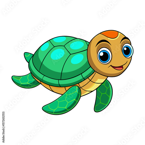 Adorable cartoon sea turtle with big blue eyes and a friendly smile swimming happily ocean marine life
