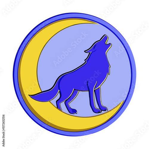 Blue wolf howling crescent moon circular frame vector