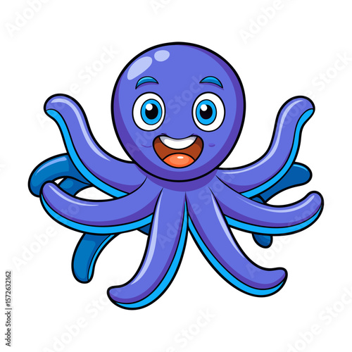 Cheerful purple octopus with wide smile and blue eyes cartoon cute