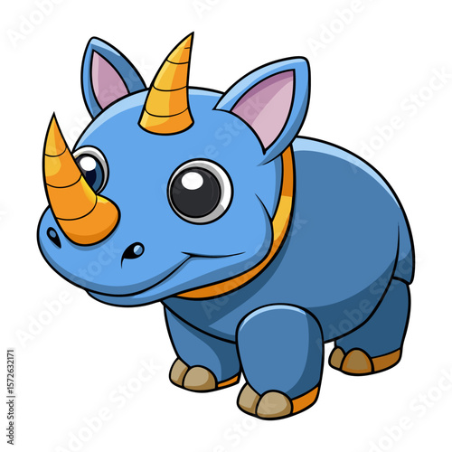Blue cartoon rhinoceros with orange horns and yellow collar blue rhinoceros cartoon animal