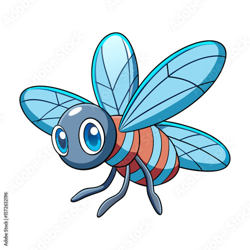 Cute cartoon bee with blue wings and striped body flying happily insect
