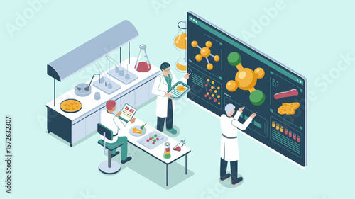 scientists analyzing food molecules in a research lab, isometric vector illustration for food science, molecular gastronomy and nutritional research