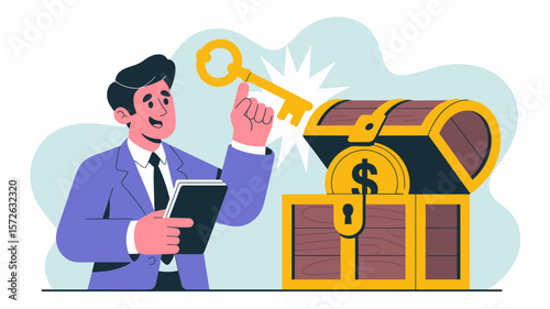 financial advisor with key unlocking treasure chest of coins, vector illustration for financial advice, wealth management and investment strategy