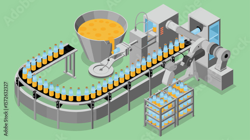 automated bottling factory with robotic arm on conveyor belt, isometric vector illustration for food processing plant, beverage production and automated manufacturing