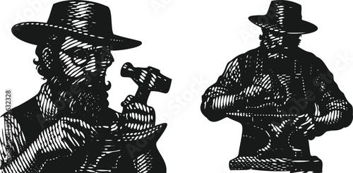  Heavy lined effect black vector bundle featuring a blacksmith with hat and glasses hammering metal, industrial craftsman working with anvil and hammer, vintage workshop illustration, skilled metalwor