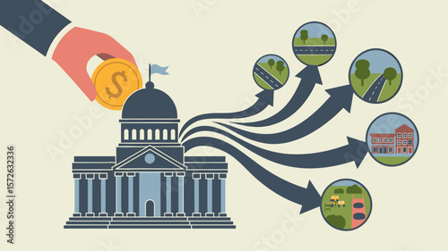 hand putting coin in government building for public spending, vector illustration for government taxation, fiscal policy and budget allocation