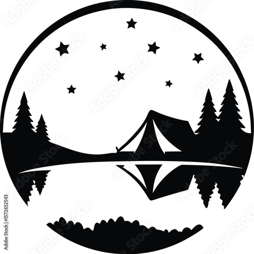Night Camping Tent Scene with Stars and Lake Reflection – Vector Wilderness Illustration