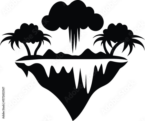 Floating Island with Rain Cloud and Trees – Vector Fantasy Landscape Illustration