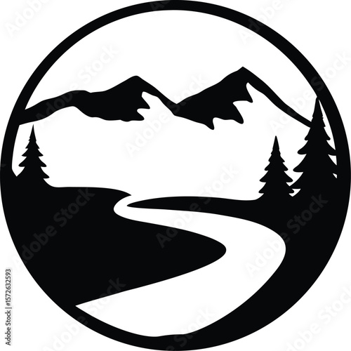 Circular Mountain Landscape with River Path and Pine Trees – Vector Nature Silhouette